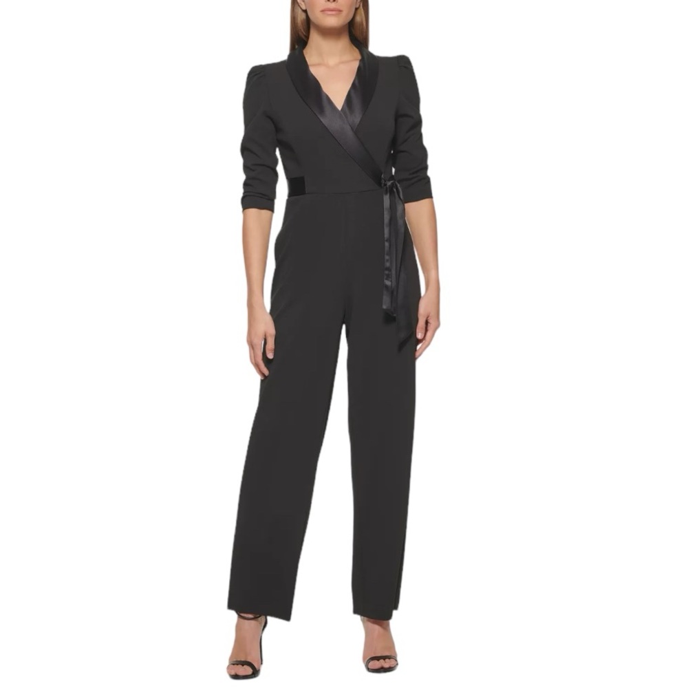 DKNY Jumpsuit, long sleeve crepe, satin collar. Size 4